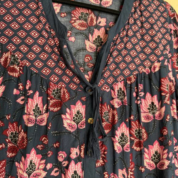 Dr2 Top Blouse Women Large Blue Pink Floral Boho Peasant Prairie Cottagecore - Picture 6 of 11